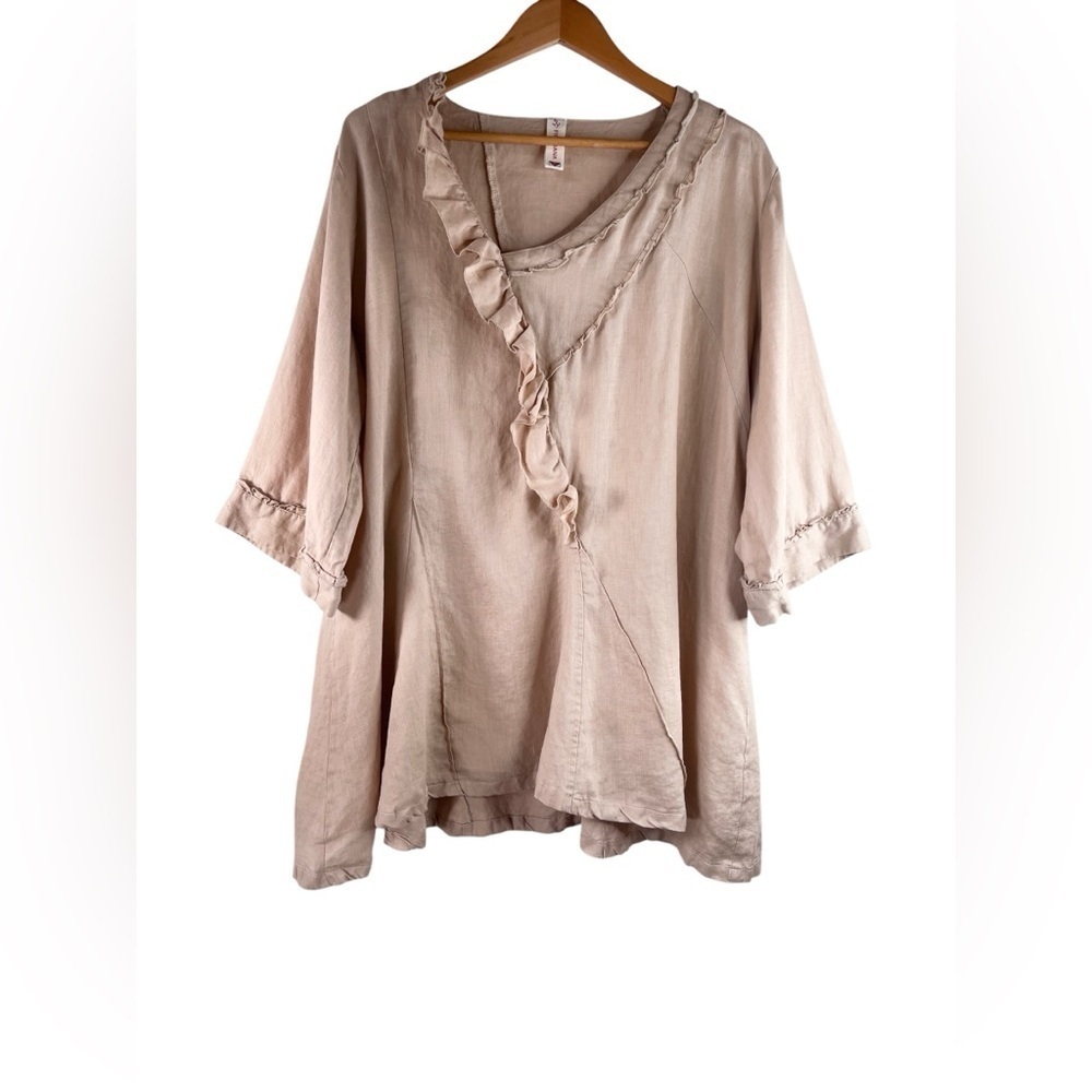 Firmiana Women's Linen Ruffle Top in Tan Size 1X